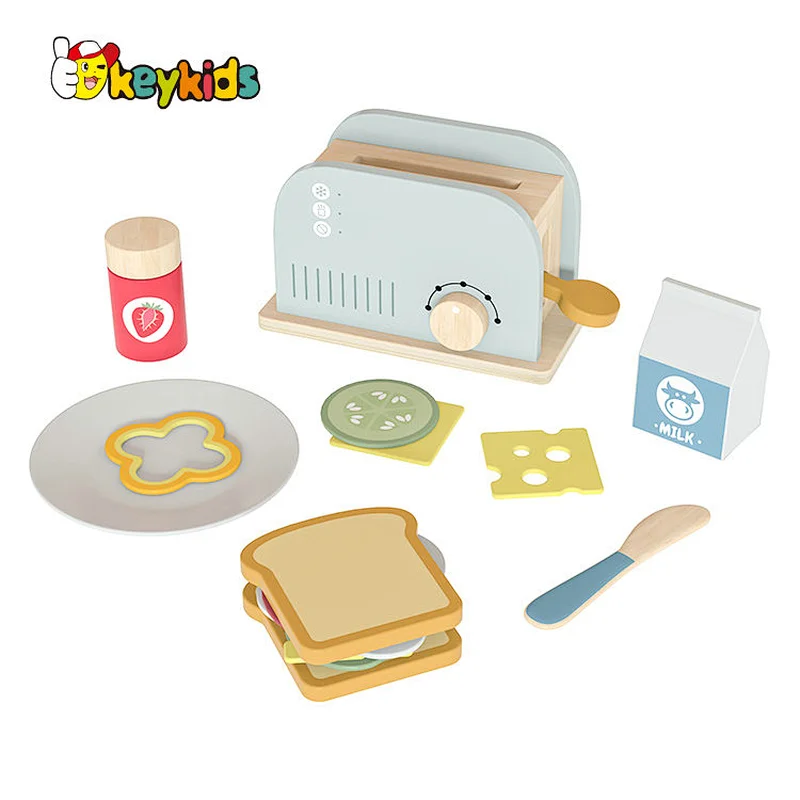 Kids pretend play wooden toy toaster set with bread W10D746