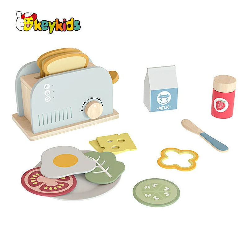 Kids pretend play wooden toy toaster set with bread W10D746