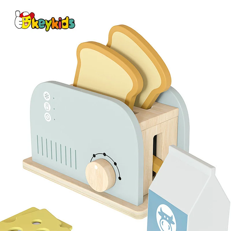Kids pretend play wooden toy toaster set with bread W10D746